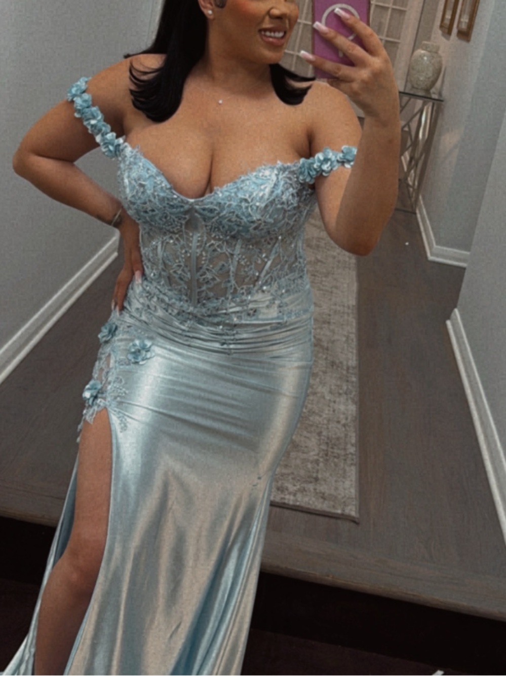 Light Blue Satin Prom or bridesmaid Gown with Floral Applique
